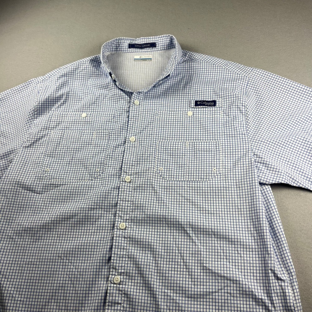 Columbia PFG Super Tamiami Shirt Mens XL Blue White Check Fishing S/S FM7189